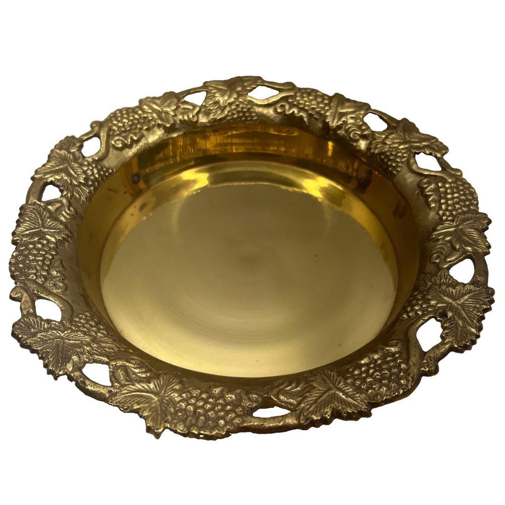 Vintage Brass Trinket Bowl Pierced Grapevine Rim Decorative‎ Catchall Dish